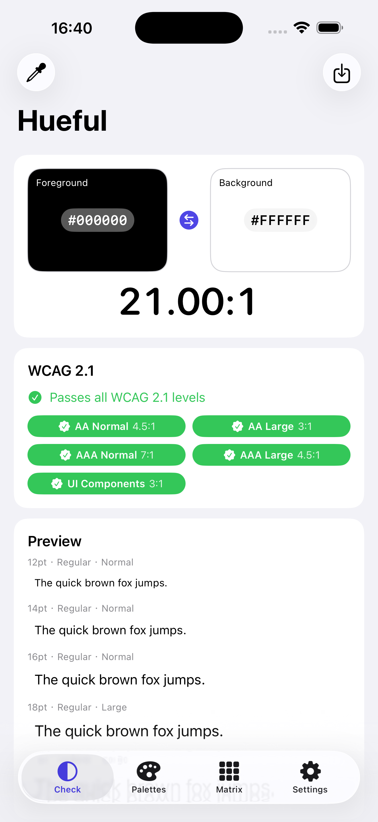 Hueful showing a 21.00:1 contrast ratio with WCAG pass badges, type samples, APCA Lc, and a color blindness preview